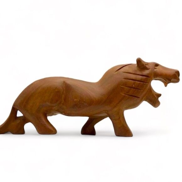 Vintage Hand Carved Hardwood Decorative Lions Big Cats Pair (2) - Picture 3 of 16